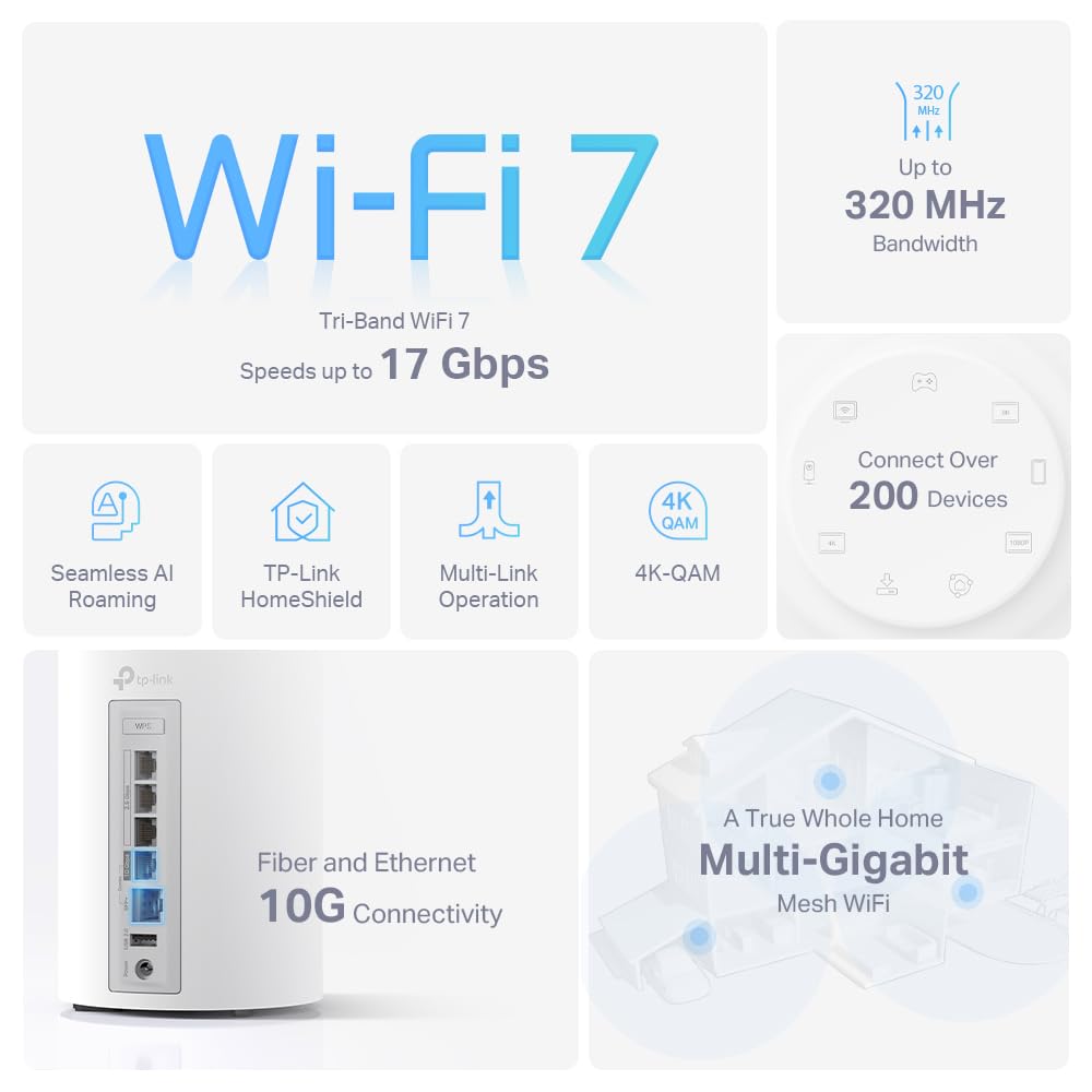 TP-Link ššššØ BE75 BE17000 Tri-Band WiFi 7 Mesh System - 8-Stream, 17 Gbps, 200+ Device Connect, 10 Gbps Wired, AI Roaming, Google/Alexa, HomeShield 2-Pack