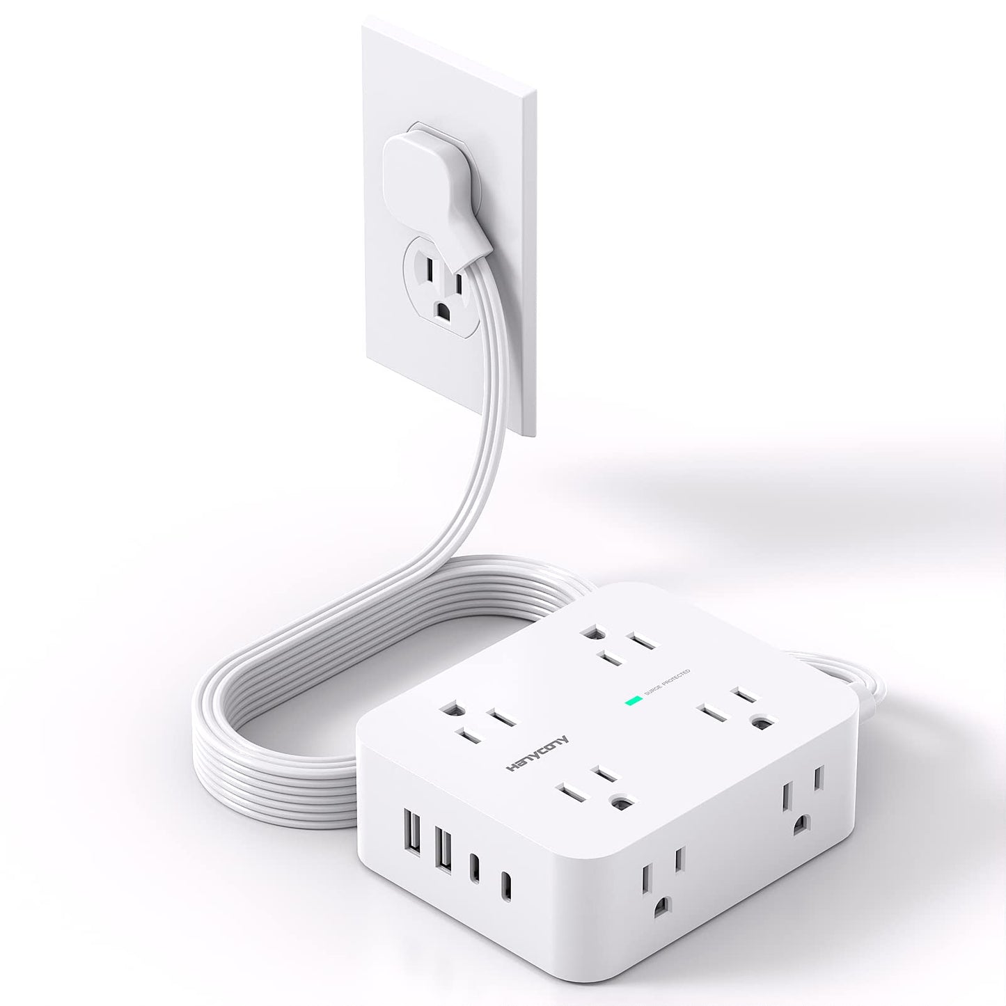 Surge Protector Power Strip, HANYCONY Extension Cord with Multiple Outlets, 5 Ft Ultra Thin Flat Plug 8 Outlets 4 USB Ports(2USB C), 1080J Outlet Extender for Home Office College Dorm Room Essentials