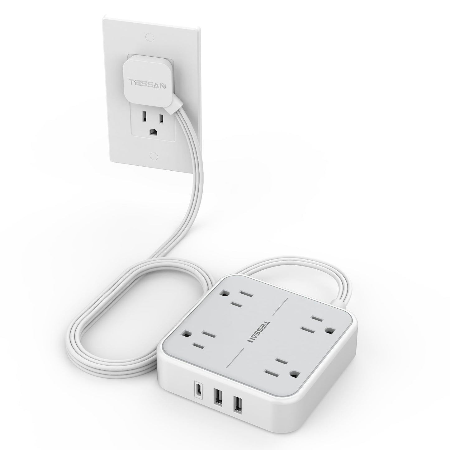 Surge Protector Flat Extension Cord 5Ft, TESSAN Flat Plug Power Strip with 4 Outlets 3 USB Ports (1 USB C), 900 Joules Protection, Multiple Wall Outlet Extender Suitable for Home Office Dorm, Grey