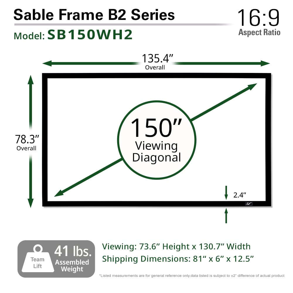 Elite Screens Sable Frame B2 Series 150-Inch Fixed Frame Projector Screen, 16:9 Ultra HD 4K/8K & Active 3D Ready, ISF Certified CineWhite UHD-B Material, Home Theater UST Projection Screens, SB150WH2