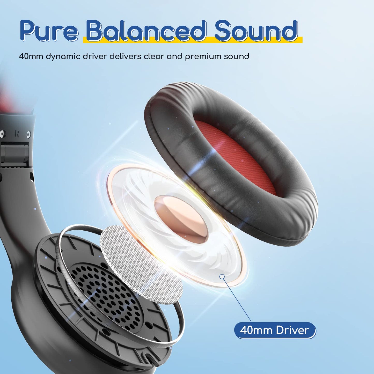 EarFun Kids Headphones Wired with Microphone, 85/94dB Volume Limit Headphones for Kids, Portable Wired Headphone with Shareport, Stereo Sound Foldable Headset for School/Tablet/iPad/Kindle, Black Red