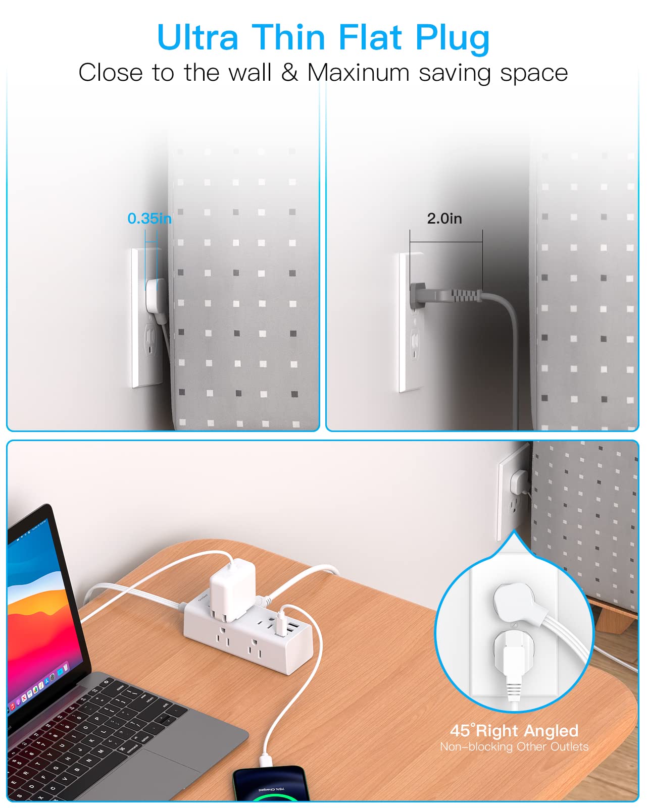 One Beat 10Ft Extension Cord with Multiple Outlets,Flat Plug Power Strip Surge Protector with 10 Ft Long Cord,6 Outlet 3 USB Ports (1USB C),Multi Outlet Wall Plug for Travel,College,Dorm Essentials