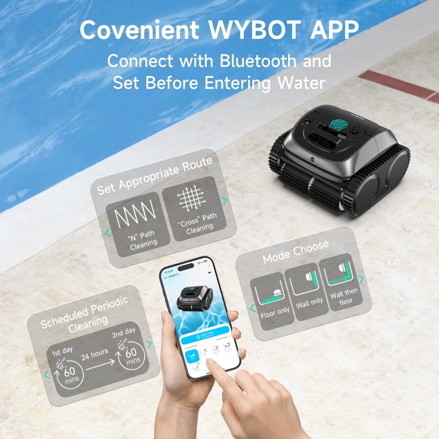 (2025 Upgrade) WYBOT OS7010C - C1 Pool Robot Vacuum, 4-in-1 Cordless Pool Cleaner 180min up to 1,614 Sq,ft, Smart APP Support, Auto Wall & Waterline Cleaning, WiFi & Bluetooth Connect