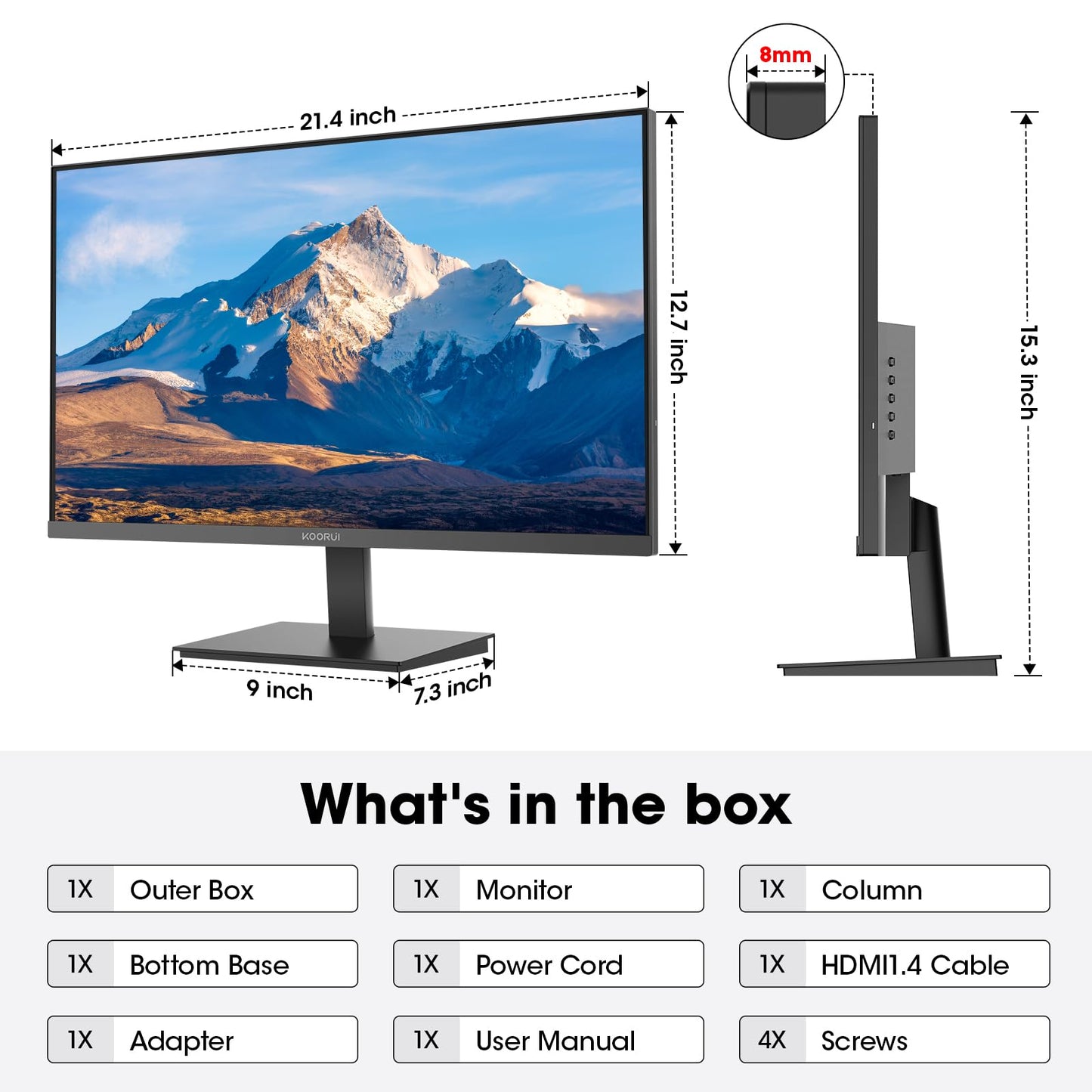KOORUI 24-inch Computer Monitor Full HD 1920 x 1080p 100Hz VA Display 3000:1 Contrast Ratio with HDMI VGA, Three-Sided Slim Bezels, Freesync, 100 x 100 mm VESA Mountable, Ergonomic Tilt, Black
