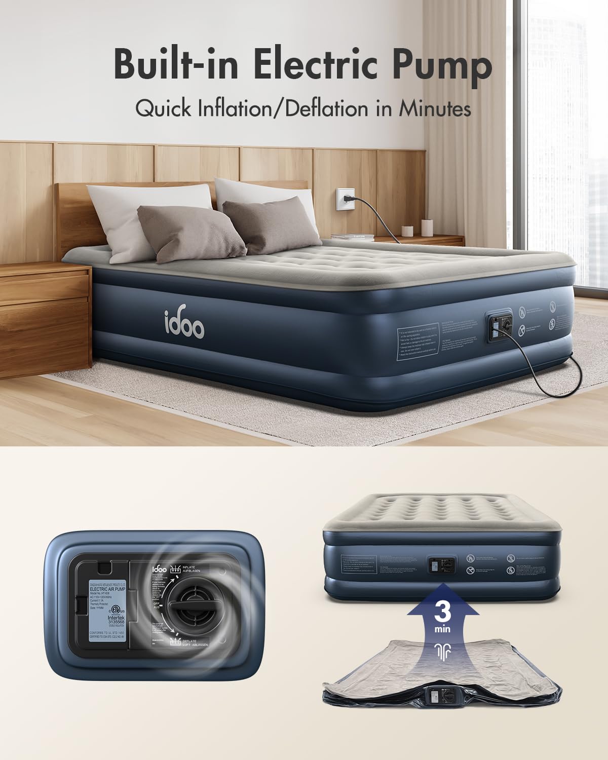 iDOO Queen Air Mattress with Built in Pump, 18 Raised Comfort Blow up Mattress, Upgraded Four Chamber Inflatable Mattress for Guests, Home and Camping, colchon inflable, Portable Air Bed, 650 lbs Max