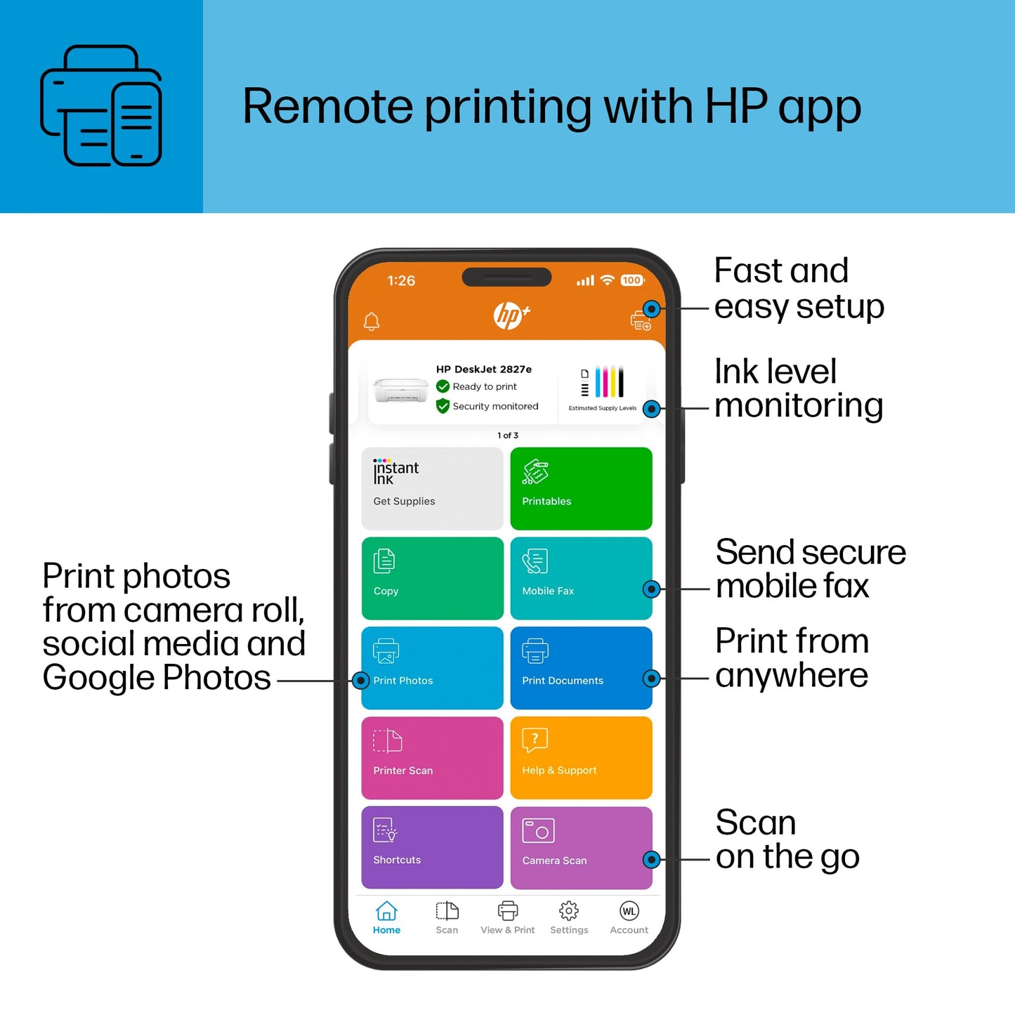 HP DeskJet 2827e Wireless All-in-One Color Inkjet Printer, Scanner, Copier, Best Home Printer, 3 Months of Instant Ink Trial Included (6W7F5A)