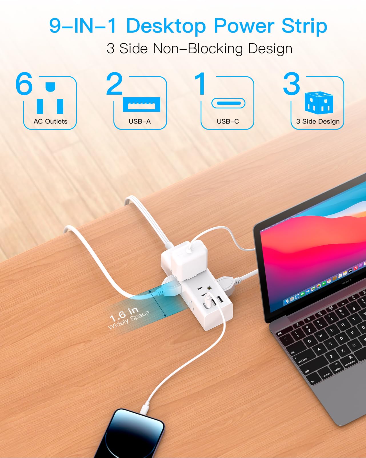 One Beat 10Ft Extension Cord with Multiple Outlets,Flat Plug Power Strip Surge Protector with 10 Ft Long Cord,6 Outlet 3 USB Ports (1USB C),Multi Outlet Wall Plug for Travel,College,Dorm Essentials
