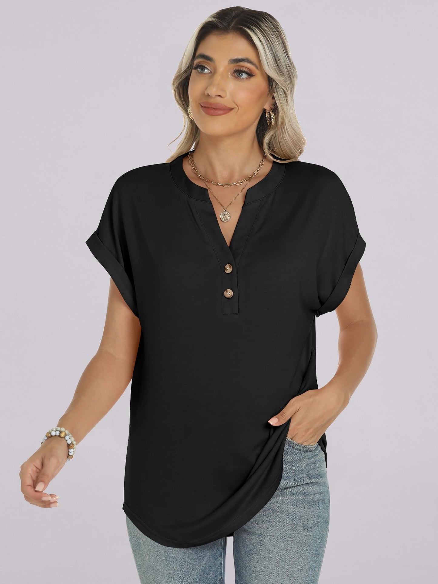 ANRABESS Womens Short Sleeve Henley Tops V Neck Dressy Casual Loose Fit Shirts Summer Flowy Blouses 2025 Trendy Clothes Black XL