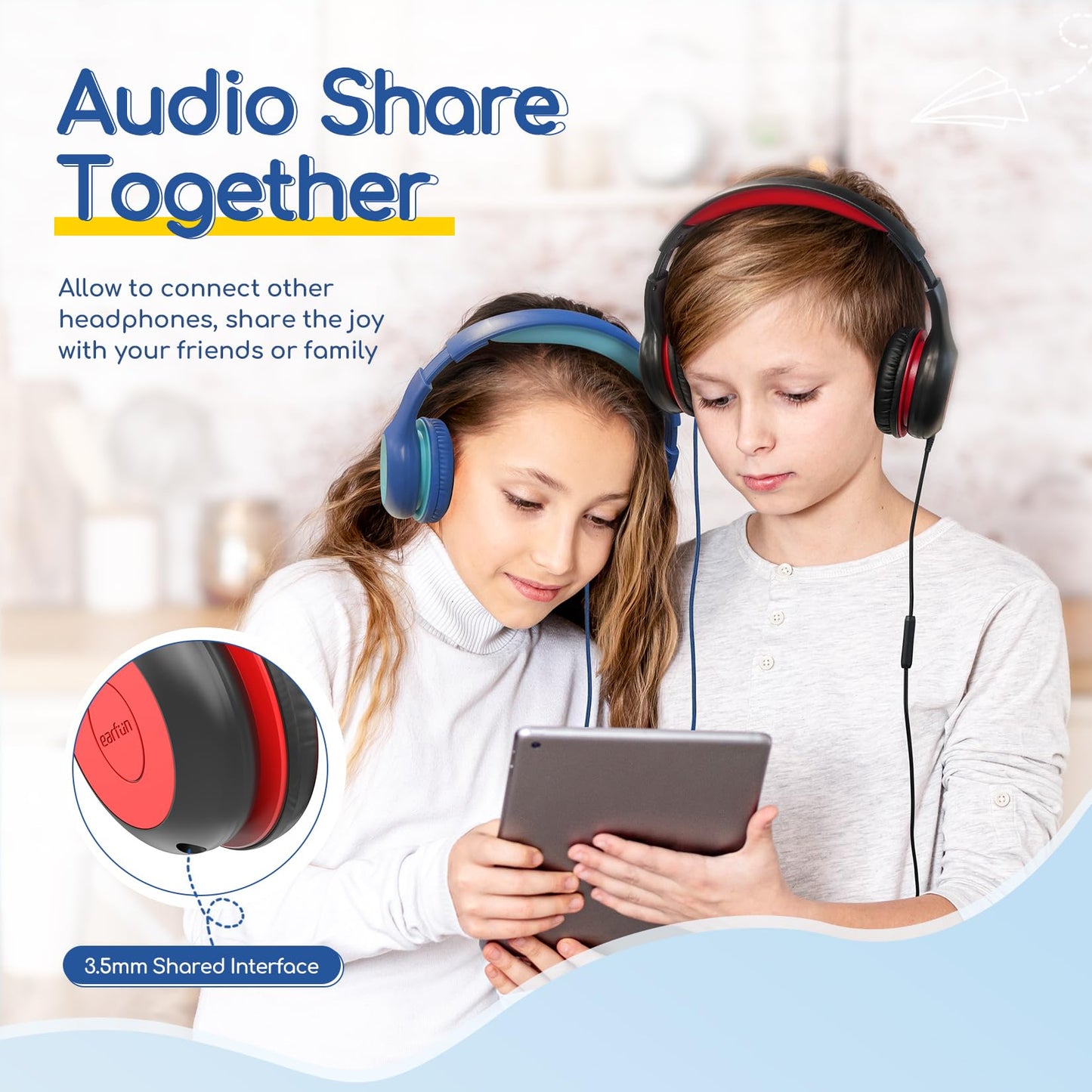 EarFun Kids Headphones Wired with Microphone, 85/94dB Volume Limit Headphones for Kids, Portable Wired Headphone with Shareport, Stereo Sound Foldable Headset for School/Tablet/iPad/Kindle, Black Red