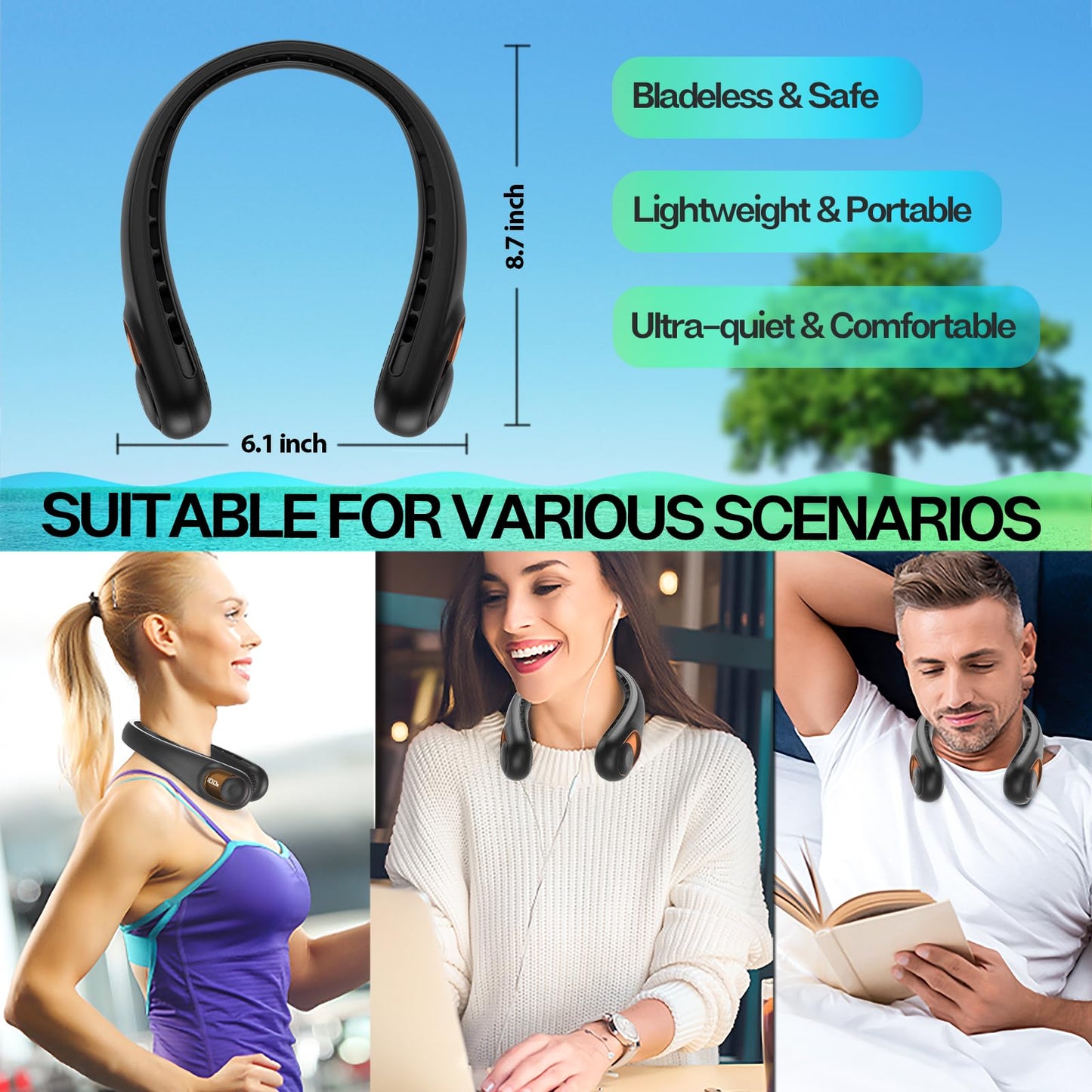 KIDEE Neck Fan, Portable Bladeless Neck Fans, Upgrade 360° Airflow, Super Quiet, 3 Speeds, 4000mAh Personal Wearable Neck Fan, Upgraded Cooling Air Volume USB Rechargeable Hands Free Fan