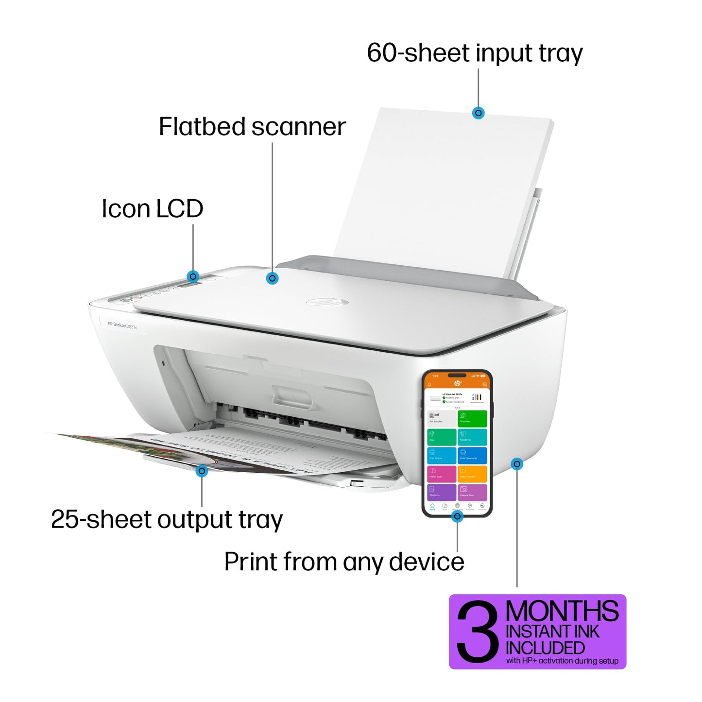 HP DeskJet 2827e Wireless All-in-One Color Inkjet Printer, Scanner, Copier, Best Home Printer, 3 Months of Instant Ink Trial Included (6W7F5A)