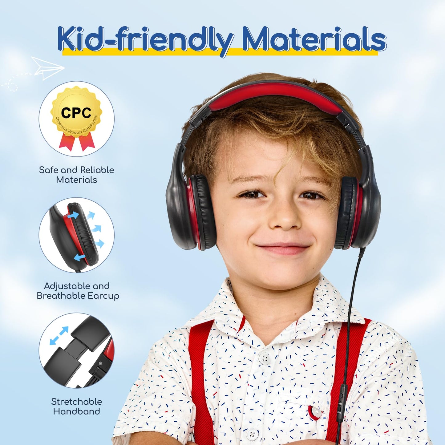 EarFun Kids Headphones Wired with Microphone, 85/94dB Volume Limit Headphones for Kids, Portable Wired Headphone with Shareport, Stereo Sound Foldable Headset for School/Tablet/iPad/Kindle, Black Red