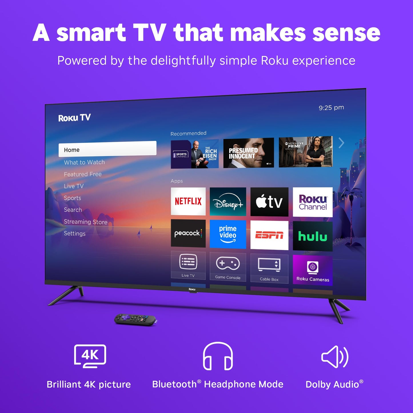 Roku Smart TV 2025 – 55-Inch Select Series, 4K HDR TV – Roku TV with Enhanced Voice Remote – Flat Screen LED Television with Wi-Fi for Streaming Live Local News, Sports, Family Entertainment