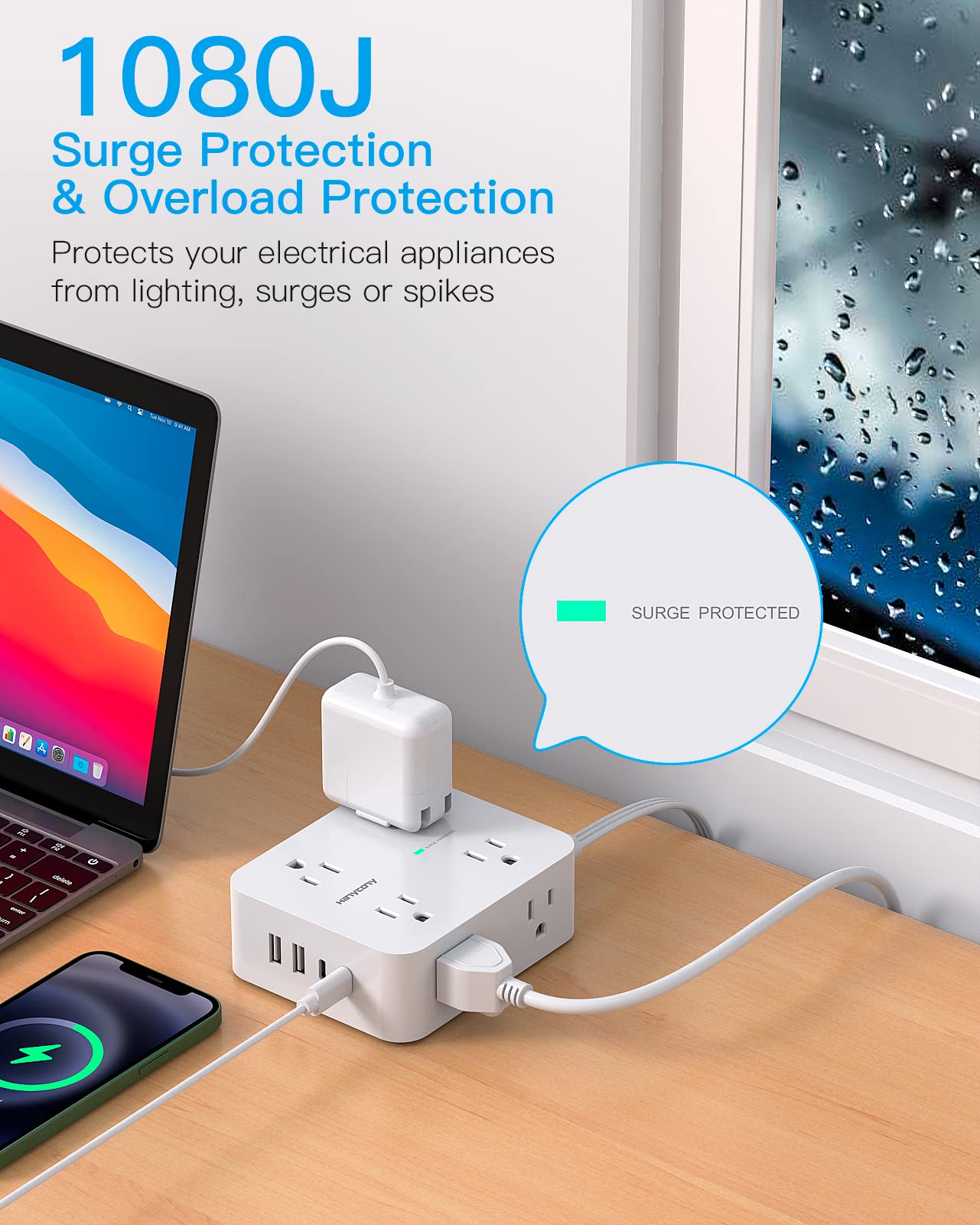 Surge Protector Power Strip, HANYCONY Extension Cord with Multiple Outlets, 5 Ft Ultra Thin Flat Plug 8 Outlets 4 USB Ports(2USB C), 1080J Outlet Extender for Home Office College Dorm Room Essentials