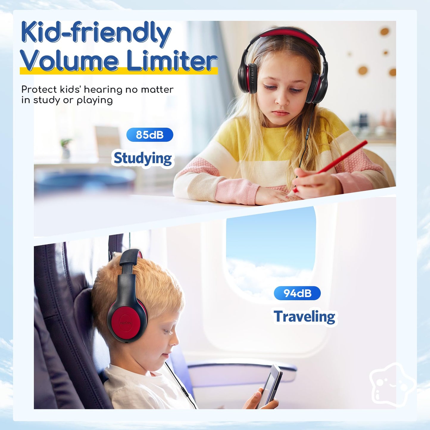 EarFun Kids Headphones Wired with Microphone, 85/94dB Volume Limit Headphones for Kids, Portable Wired Headphone with Shareport, Stereo Sound Foldable Headset for School/Tablet/iPad/Kindle, Black Red
