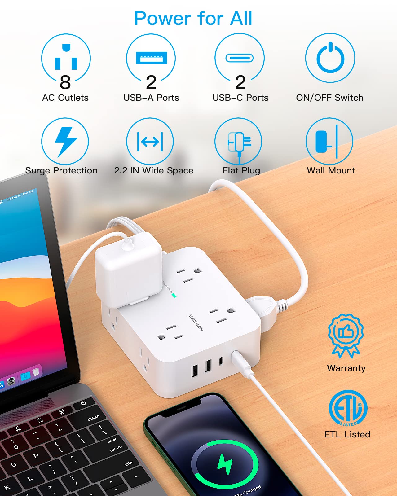 Surge Protector Power Strip, HANYCONY Extension Cord with Multiple Outlets, 5 Ft Ultra Thin Flat Plug 8 Outlets 4 USB Ports(2USB C), 1080J Outlet Extender for Home Office College Dorm Room Essentials