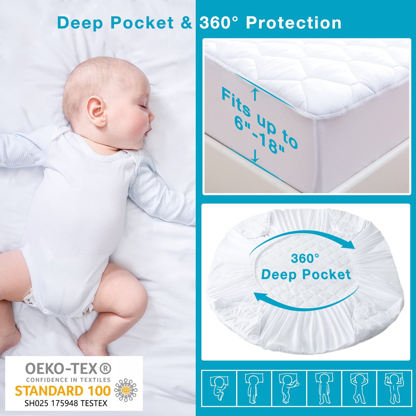 Lunsing Queen Mattress Protector, Soft Breathable Waterproof Queen Size Mattress Pad Cover, 6-18 inches Deep Pocket, White