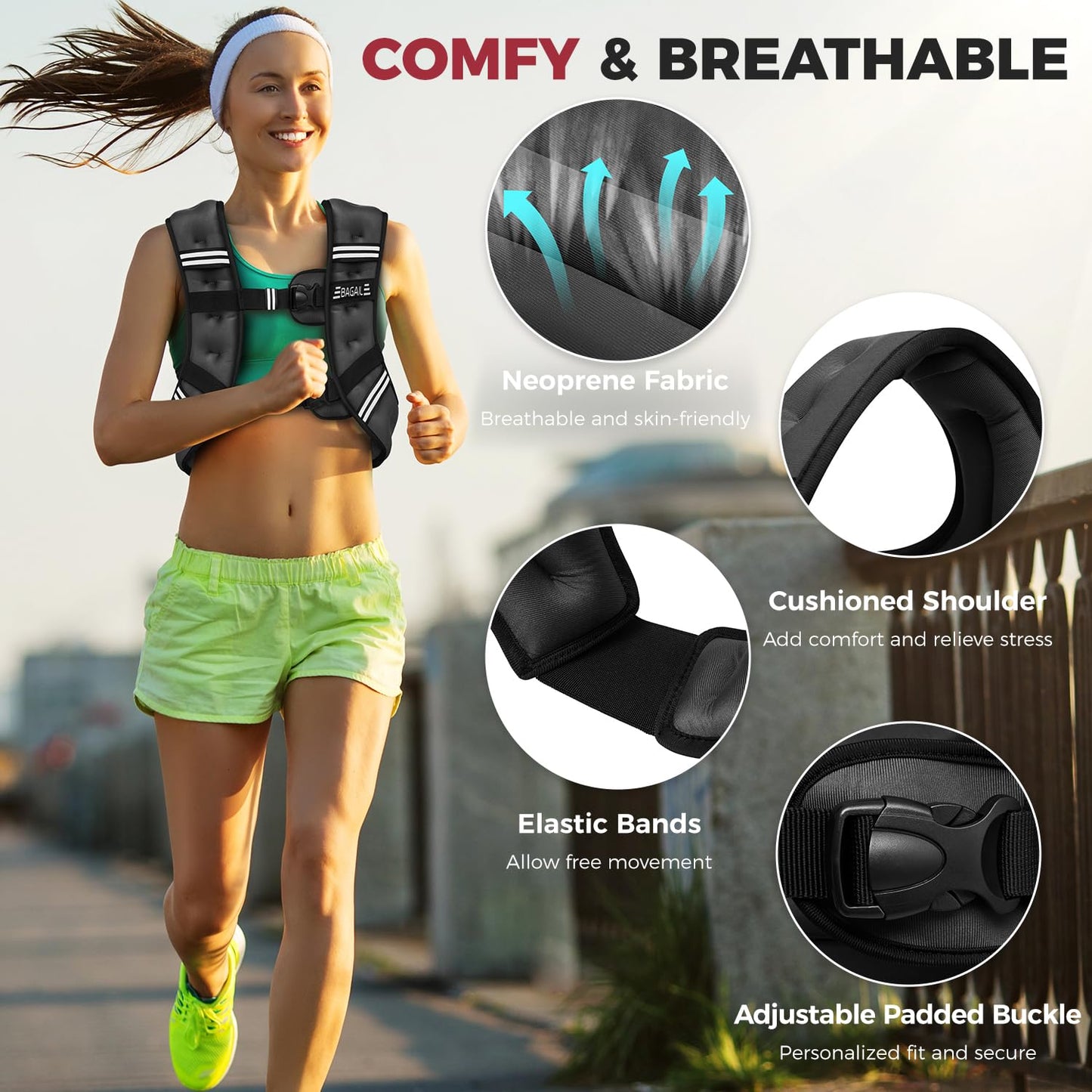 BAGAIL Weighted Vest, 5lbs/8lbs/10lbs/12lbs/15lbs/20lbs/25lbs/30lbs Weight Vest with Detachable Phone Pouch, Rucking Vest for Women, Men, Walking, Weight Loss, Training, Running