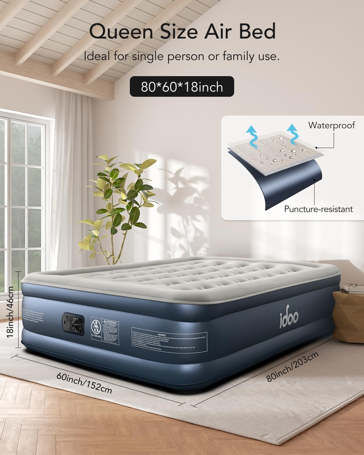 iDOO Queen Air Mattress with Built in Pump, 18 Raised Comfort Blow up Mattress, Upgraded Four Chamber Inflatable Mattress for Guests, Home and Camping, colchon inflable, Portable Air Bed, 650 lbs Max