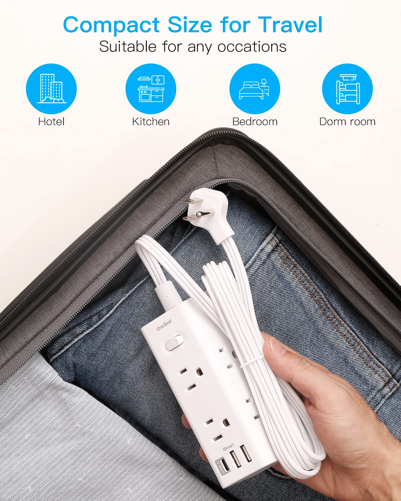 One Beat 10Ft Extension Cord with Multiple Outlets,Flat Plug Power Strip Surge Protector with 10 Ft Long Cord,6 Outlet 3 USB Ports (1USB C),Multi Outlet Wall Plug for Travel,College,Dorm Essentials