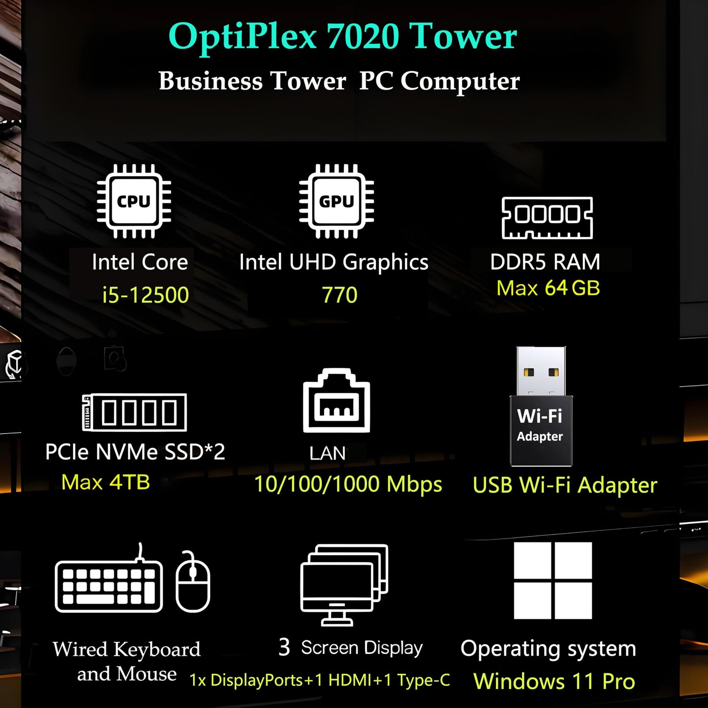 Dell OptiPlex 7020 Desktop Computer, 7000 Tower Dekstop PC, Intel Hexa-Core i5-12500 (Beat i7-11700), 32GB DDR5 RAM, 1TB PCIe SSD, DVDRW, USB WiFi Adapter, RJ-45, HDMI, DisplayPort, Windows 11 Pro