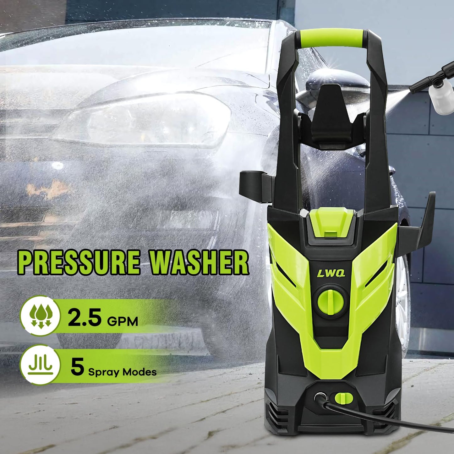 Electric Pressure Washer, 2.5 GPM Power Washer with 4 Quick Connect Nozzles, High Pressure Cleaning Machine with Foam Cannon for Cars/Fences/Driveways/Patios/Home Cleaning (Green)