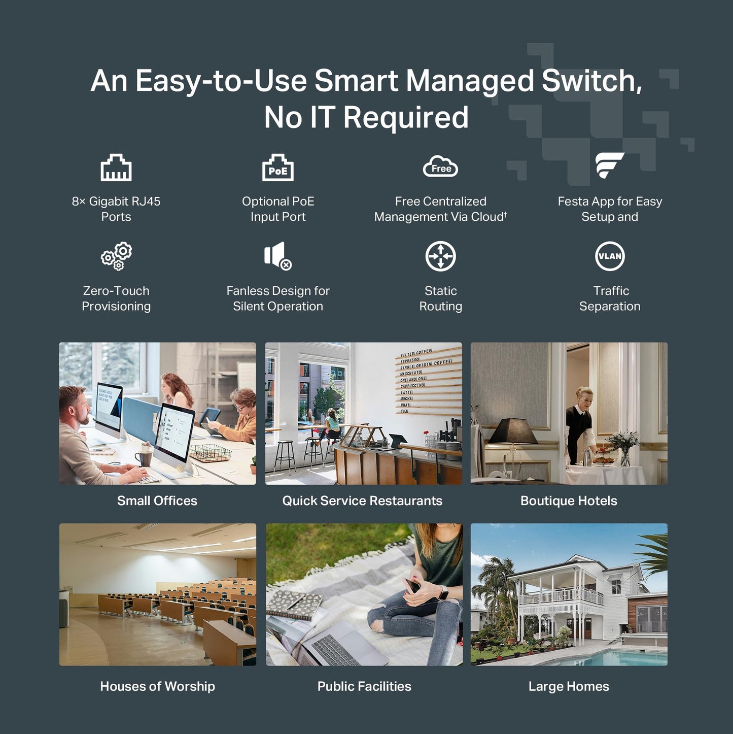TP-Link Festa FS308G - 8 Port Gigabit Smart Managed Switch, Self-Organizing Network Free Cloud Management Fanless Static Routing, Vlan, ACL, LAG Desktop/Wall Mount, Does not Work w/ Omada