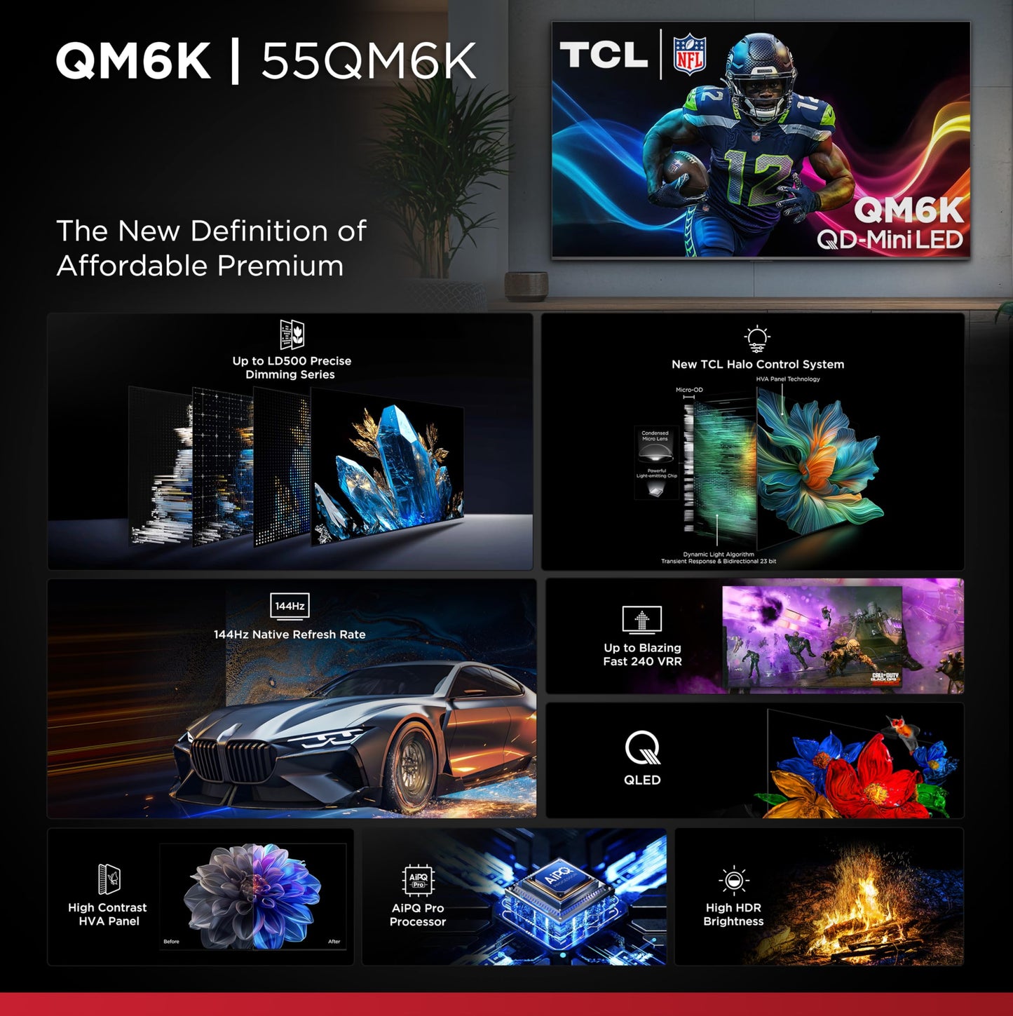 TCL 55-Inch Class QM6K Series QD-Mini LED 4K UHD Google Smart TV Best Value Mini-LED TV - QLED, 144hz, 240hz Gaming Rate, High Contrast Screen, Onkyo Audio, Dolby Atmos (55QM6K, 2025 Model)