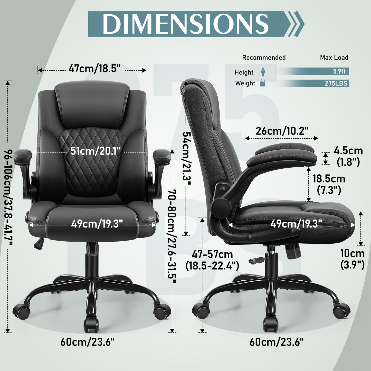 Leather Office Chair, PU Home Computer Desk Chairs with Ergonomic Back Support, 360°Swivel Free,Small Gmaing Chair with Wheels and Adjustable Armrests, for Short People Use, Black
