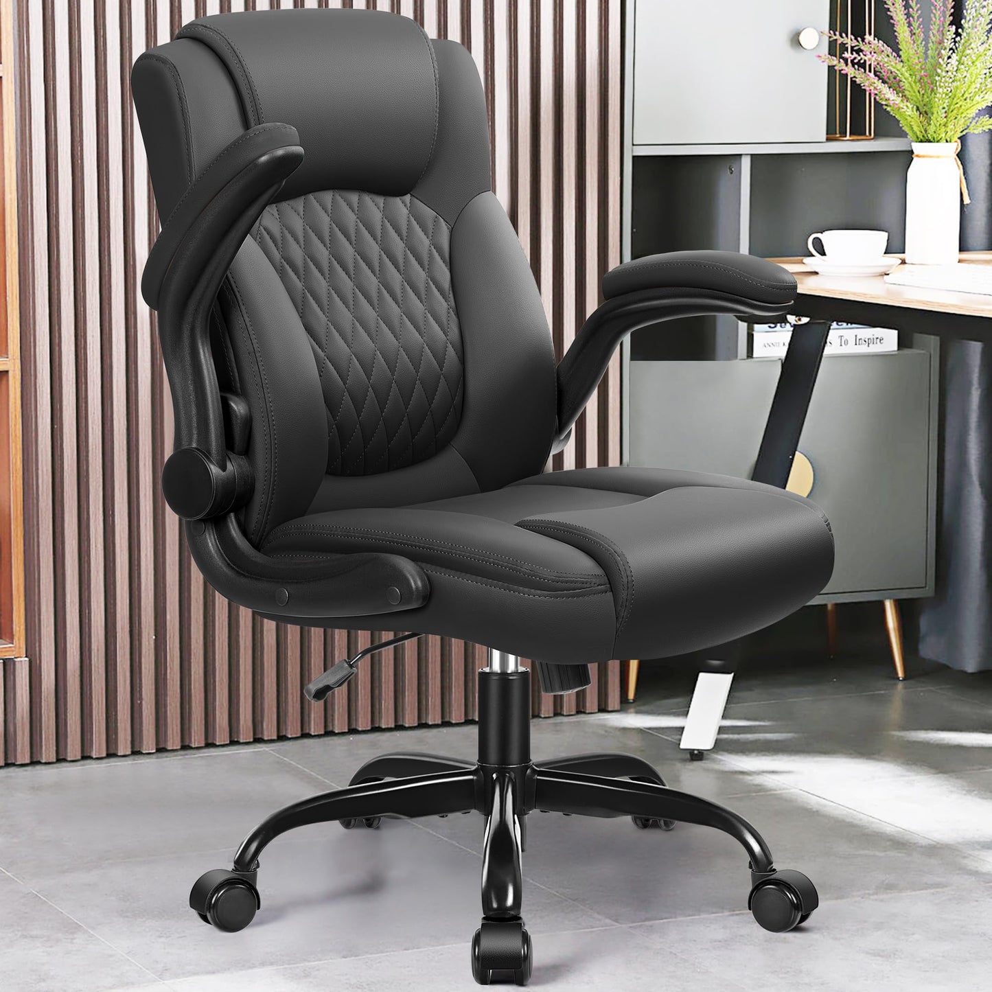 Leather Office Chair, PU Home Computer Desk Chairs with Ergonomic Back Support, 360°Swivel Free,Small Gmaing Chair with Wheels and Adjustable Armrests, for Short People Use, Black