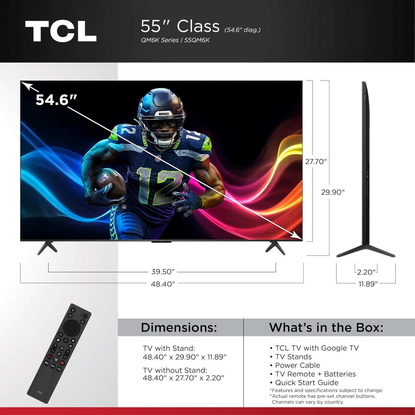 TCL 55-Inch Class QM6K Series QD-Mini LED 4K UHD Google Smart TV Best Value Mini-LED TV - QLED, 144hz, 240hz Gaming Rate, High Contrast Screen, Onkyo Audio, Dolby Atmos (55QM6K, 2025 Model)