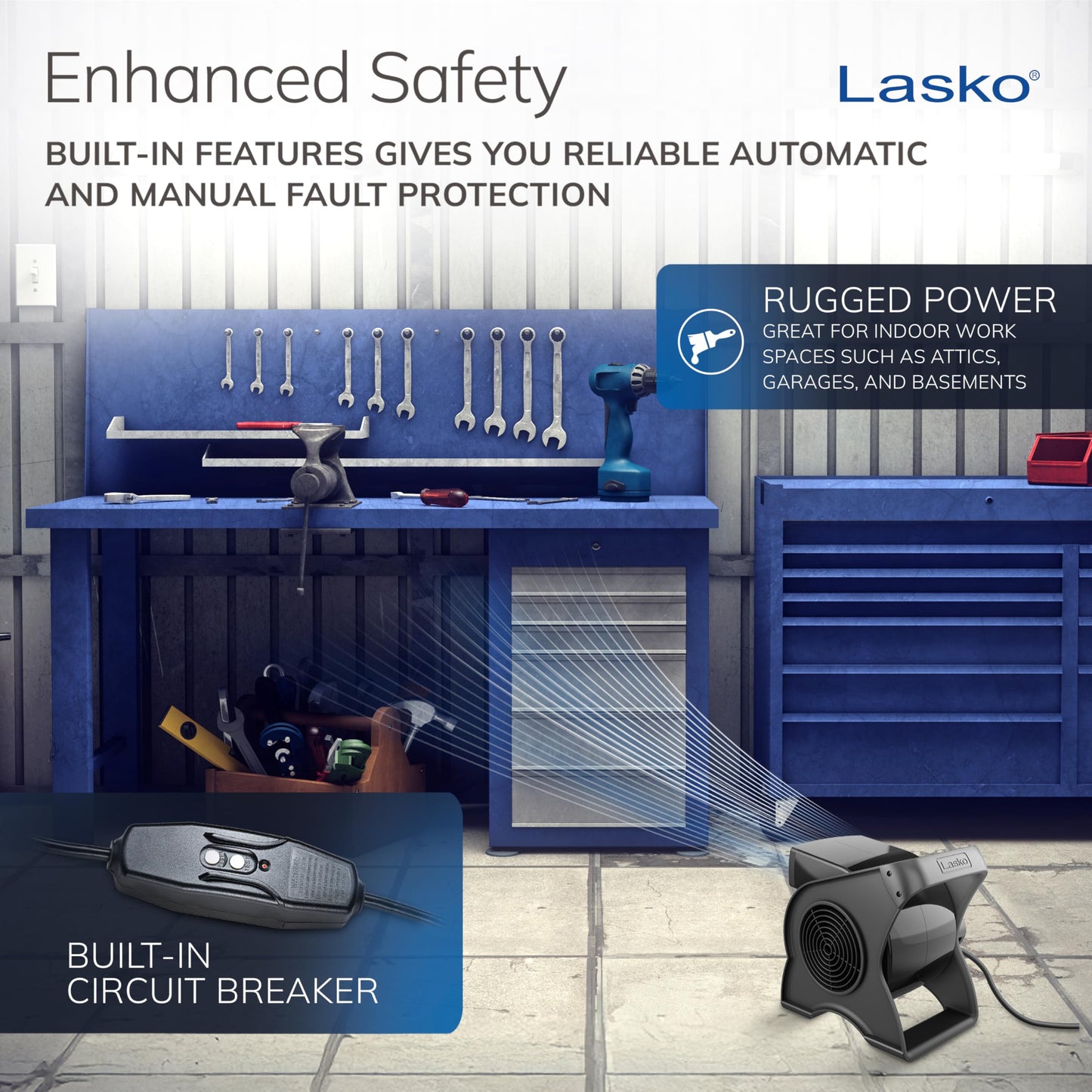 Lasko Portable Utility Fan, 12” 289 CFM Pivoting High Velocity Air Mover Blower Fan, 3 Speeds, 2 Accessory Outlets 120V, Black, U12104