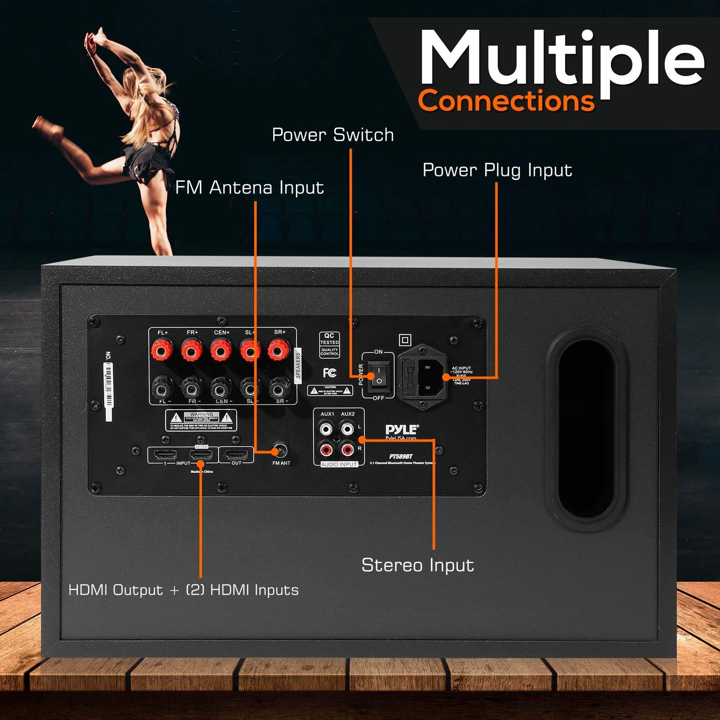 Pyle 5.1 Channel Home Theater Speaker System - 300W Bluetooth Surround Sound Audio Stereo Power Receiver Box Set w/ Built-in Subwoofer, 5 Speakers, Remote, FM Radio, RCA - PT589BT,Black