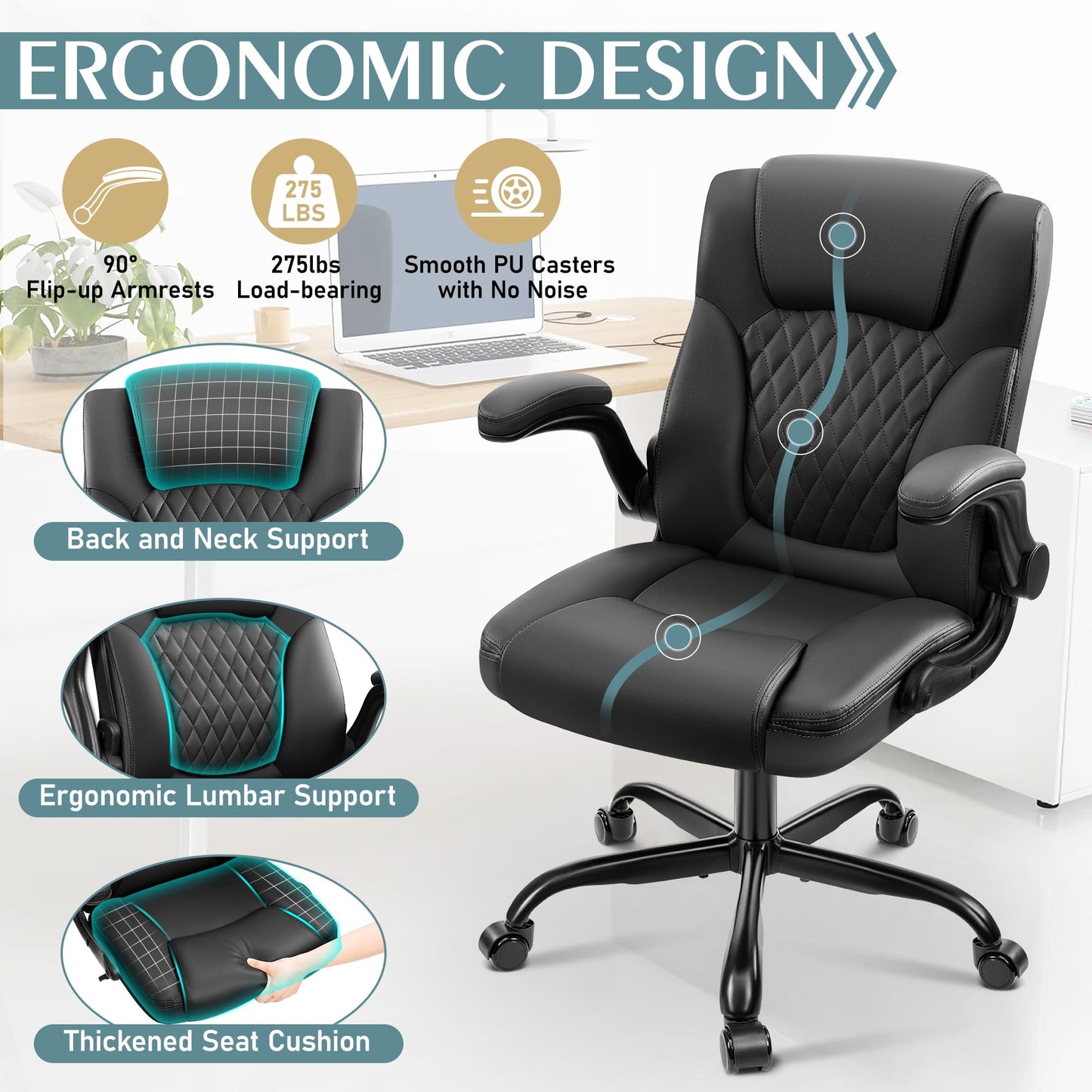 Leather Office Chair, PU Home Computer Desk Chairs with Ergonomic Back Support, 360°Swivel Free,Small Gmaing Chair with Wheels and Adjustable Armrests, for Short People Use, Black