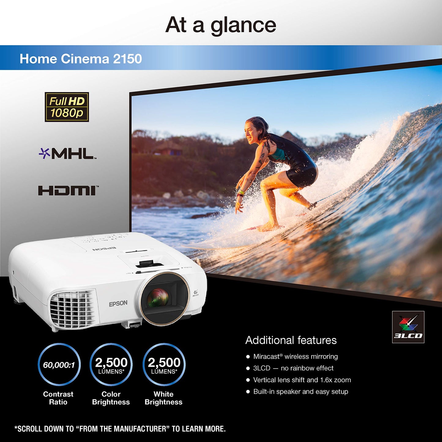 Epson Home Cinema 2150, Wireless, Full HD, 1080p, 2,500 lumens color brightness (color light output), 2,500 lumens white brightness (white light output), 2x HDMI (1 MHL), Miracast, 3LCD projector
