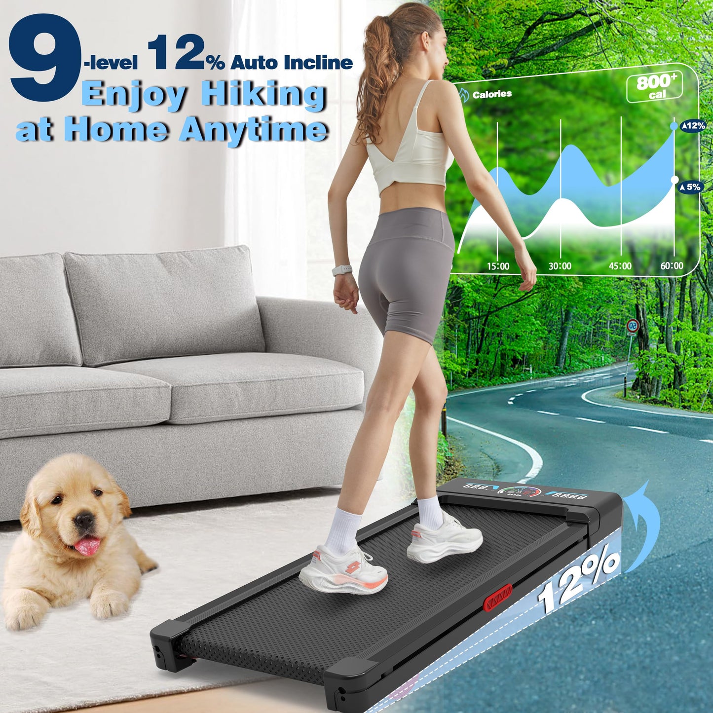 TRAILVIBER Walking Pad Treadmill with 12% 9-Level Auto Incline, 450 lbs Capacity RGB LED Screen, Bluetooth Speaker Under Desk Treadmill, Compact Treadmills for Home Hiking