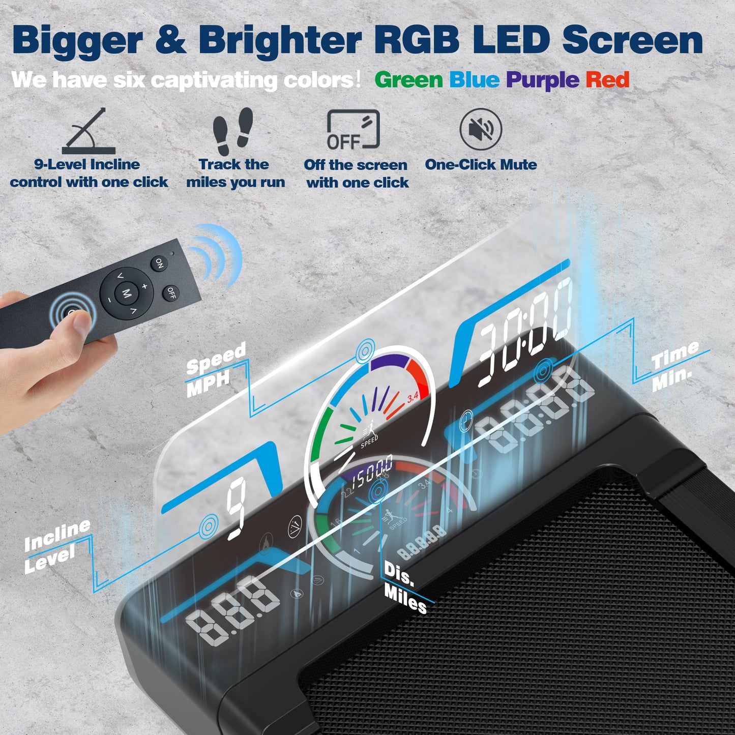 TRAILVIBER Walking Pad Treadmill with 12% 9-Level Auto Incline, 450 lbs Capacity RGB LED Screen, Bluetooth Speaker Under Desk Treadmill, Compact Treadmills for Home Hiking