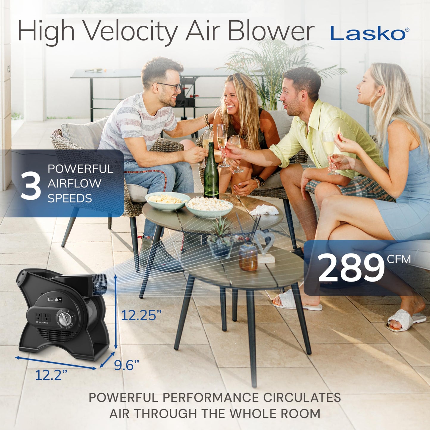 Lasko Portable Utility Fan, 12” 289 CFM Pivoting High Velocity Air Mover Blower Fan, 3 Speeds, 2 Accessory Outlets 120V, Black, U12104