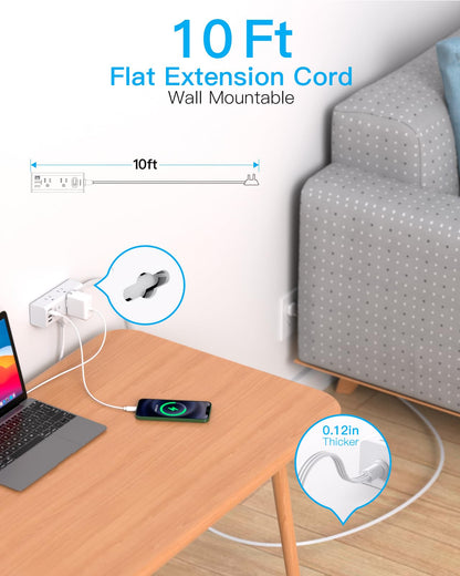 One Beat 10Ft Extension Cord with Multiple Outlets,Flat Plug Power Strip Surge Protector with 10 Ft Long Cord,6 Outlet 3 USB Ports (1USB C),Multi Outlet Wall Plug for Travel,College,Dorm Essentials