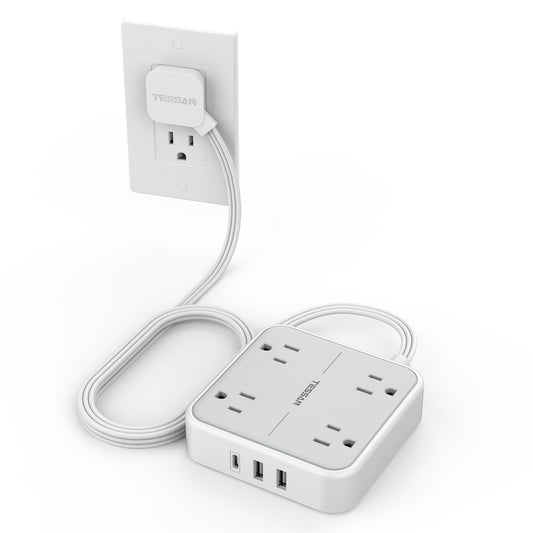 Surge Protector Flat Extension Cord 5Ft, TESSAN Flat Plug Power Strip with 4 Outlets 3 USB Ports (1 USB C), 900 Joules Protection, Multiple Wall Outlet Extender Suitable for Home Office Dorm, Grey