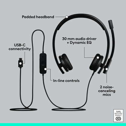 Logitech H570e USB Headset with Microphone for PC and Mac, USB-C Wired Headset with Stereo Sound, Noise-Canceling Mics and Inline Controls, Certified for Microsoft Teams, Black