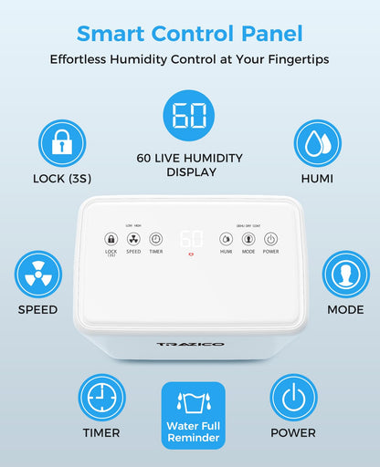 2000 Sq.ft Dehumidifier for Basement, Trazico 30 Pint Dehumidifiers for Home Large Room Bedroom Bathroom with Drain Hose, Intelligent Humidity Control, 3 Modes, 24H Timer, Auto Defrost, White