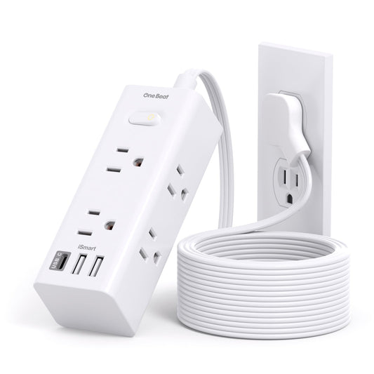 One Beat 10Ft Extension Cord with Multiple Outlets,Flat Plug Power Strip Surge Protector with 10 Ft Long Cord,6 Outlet 3 USB Ports (1USB C),Multi Outlet Wall Plug for Travel,College,Dorm Essentials