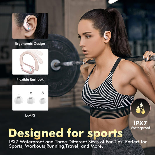 HAOYUYAN Wireless Earbuds, Sports Bluetooth Headphones, 80Hrs Playtime Ear Buds with LED Power Display, Noise Canceling Headset, IPX7 Waterproof Earphones for Workout/Running Rose Gold