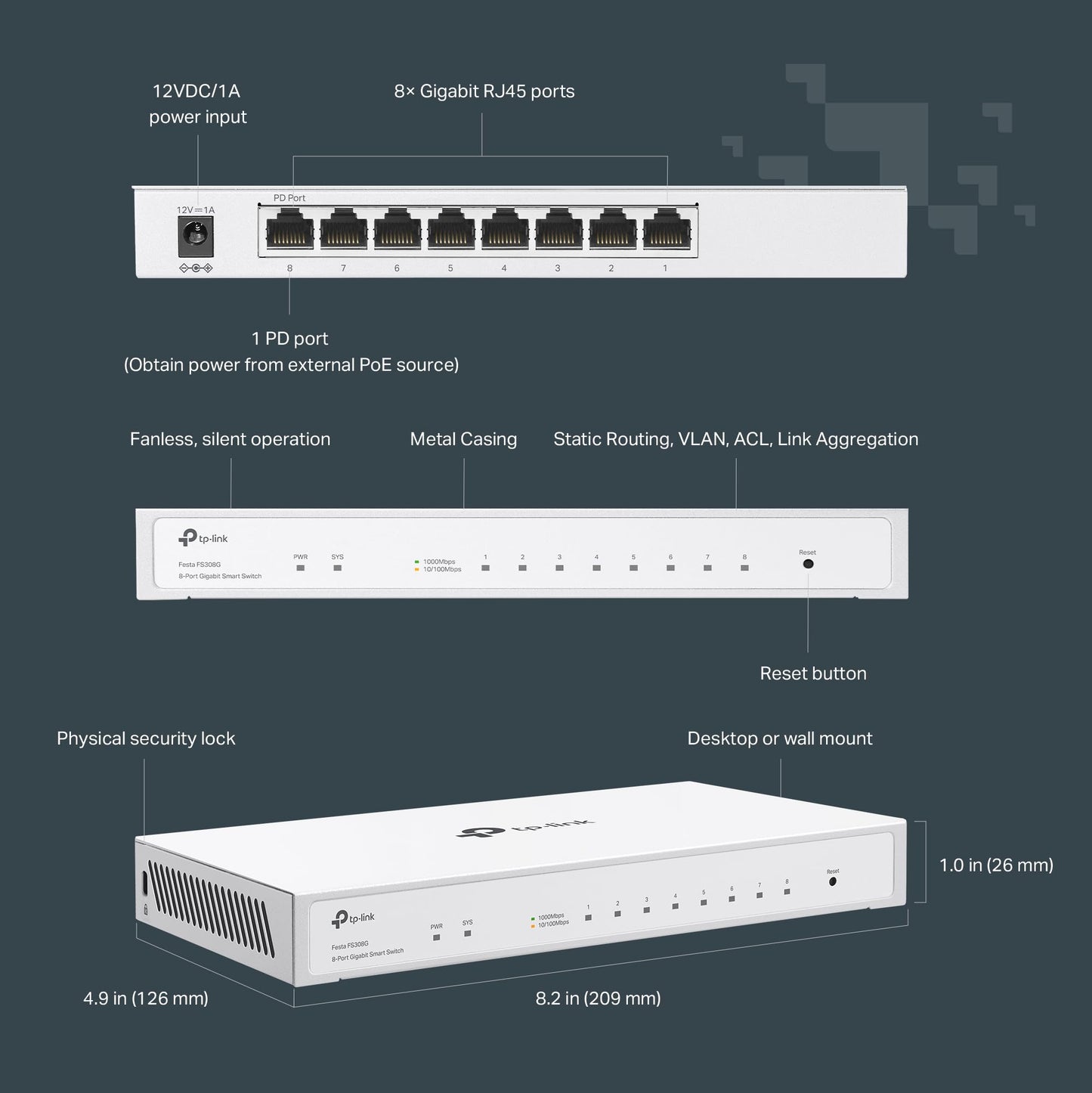 TP-Link Festa FS308G - 8 Port Gigabit Smart Managed Switch, Self-Organizing Network Free Cloud Management Fanless Static Routing, Vlan, ACL, LAG Desktop/Wall Mount, Does not Work w/ Omada