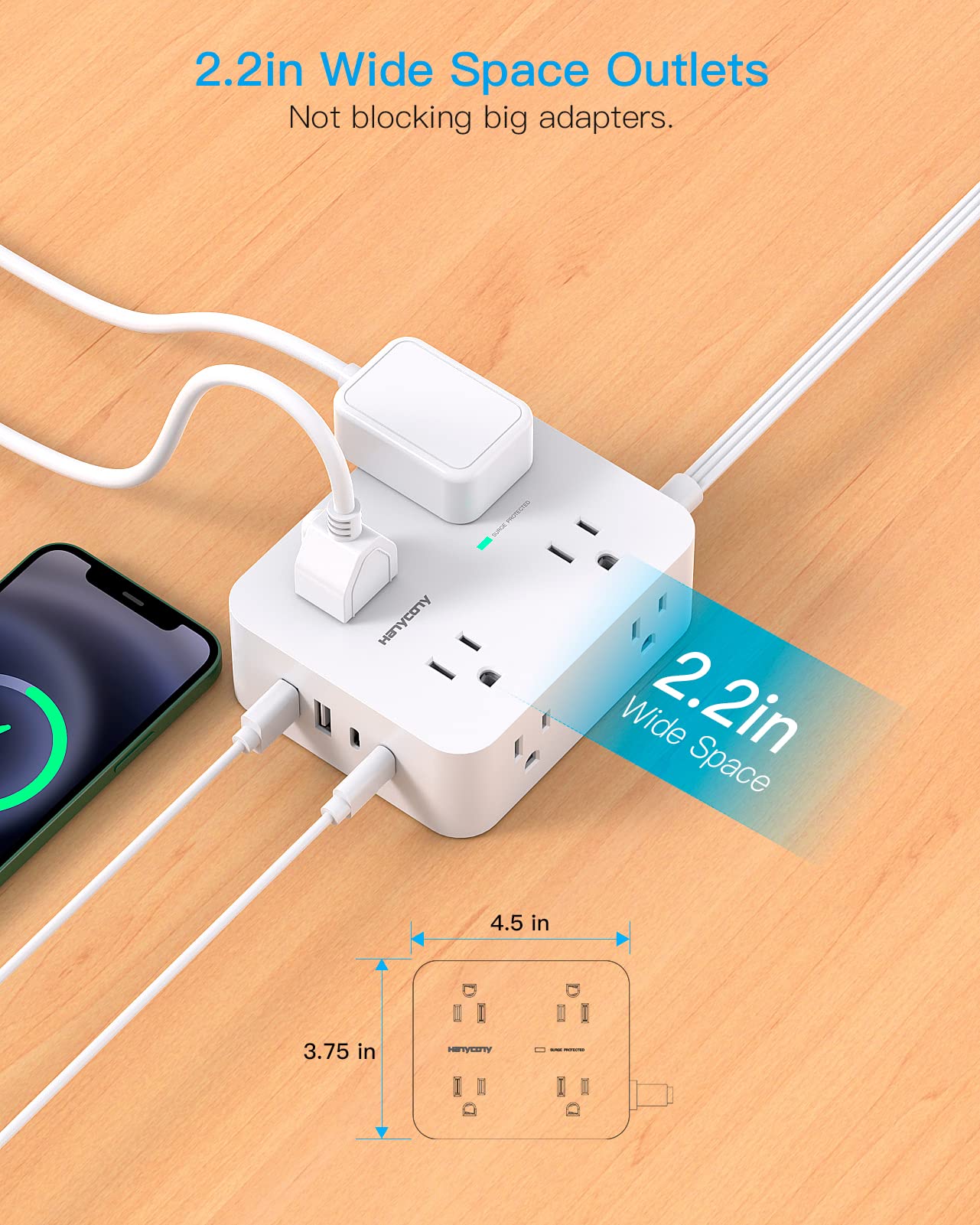 Surge Protector Power Strip, HANYCONY Extension Cord with Multiple Outlets, 5 Ft Ultra Thin Flat Plug 8 Outlets 4 USB Ports(2USB C), 1080J Outlet Extender for Home Office College Dorm Room Essentials