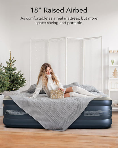 iDOO Queen Air Mattress with Built in Pump, 18 Raised Comfort Blow up Mattress, Upgraded Four Chamber Inflatable Mattress for Guests, Home and Camping, colchon inflable, Portable Air Bed, 650 lbs Max