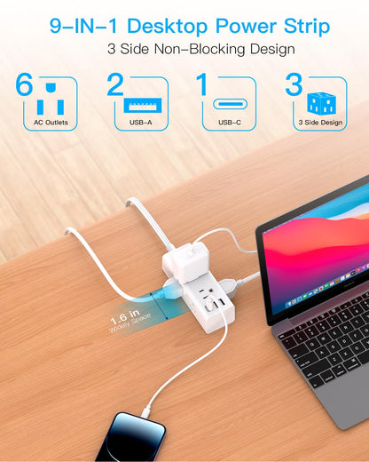 One Beat 10Ft Extension Cord with Multiple Outlets,Flat Plug Power Strip Surge Protector with 10 Ft Long Cord,6 Outlet 3 USB Ports (1USB C),Multi Outlet Wall Plug for Travel,College,Dorm Essentials