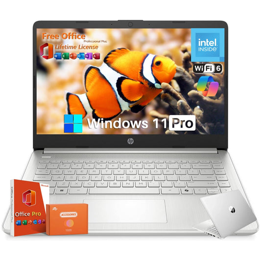 HP 2025 14 inch HD Laptop, Office Pro Lifetime License, Intel Processor N150, 16 GB RAM, 384 GB Storage(128GB UFS+256GB MSD), Copilot AI, Wi-Fi 6, Lightweight, Windows 11 Pro, w/Accessories