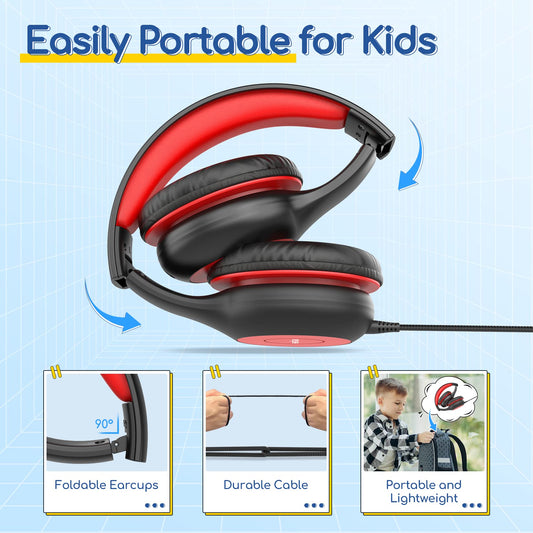 EarFun Kids Headphones Wired with Microphone, 85/94dB Volume Limit Headphones for Kids, Portable Wired Headphone with Shareport, Stereo Sound Foldable Headset for School/Tablet/iPad/Kindle, Black Red